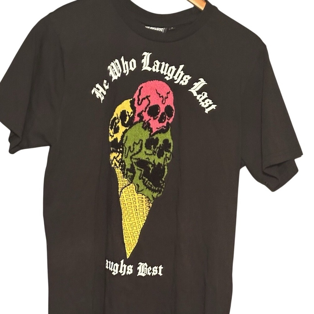 Super Massive Mens Black Skull Ice Cream Graphic T-Shirt He Who Laughs Last L